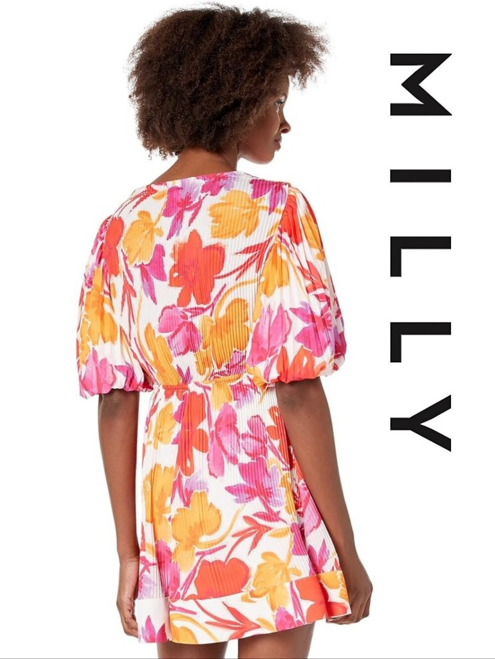 MILLY Elle Paper Peony Pleated Dress Orange Multi 8 - Picture 3 of 3